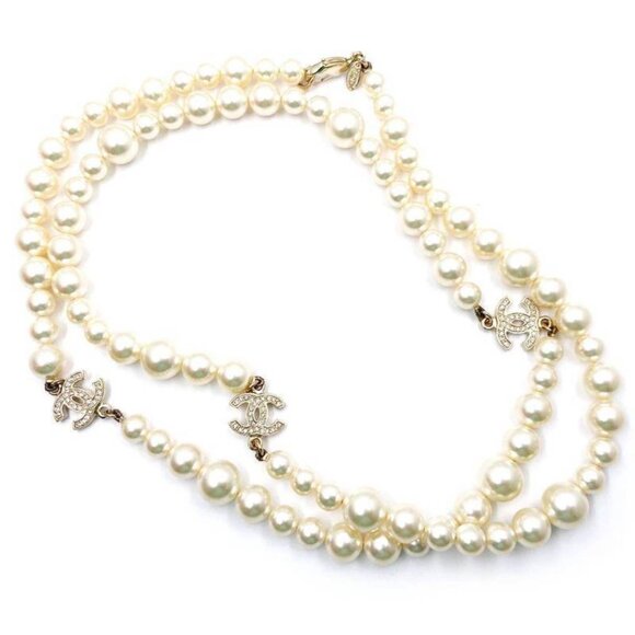 Chanel Classic 3 Gold CC Crystal Long Pearl Necklace - Picture 1 of 4